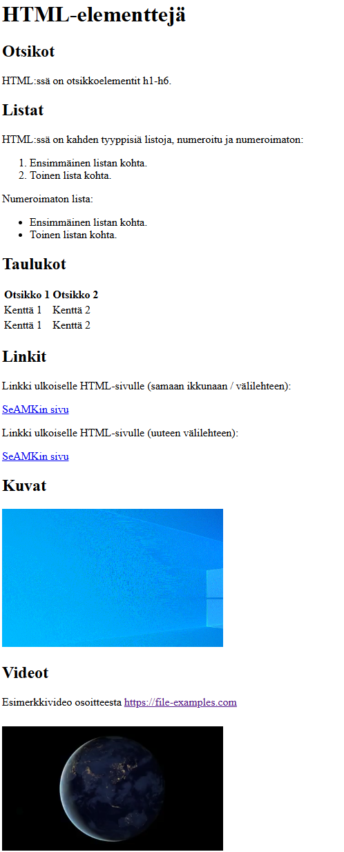 Esimerkki sivun elementteja.html sisällöstä.