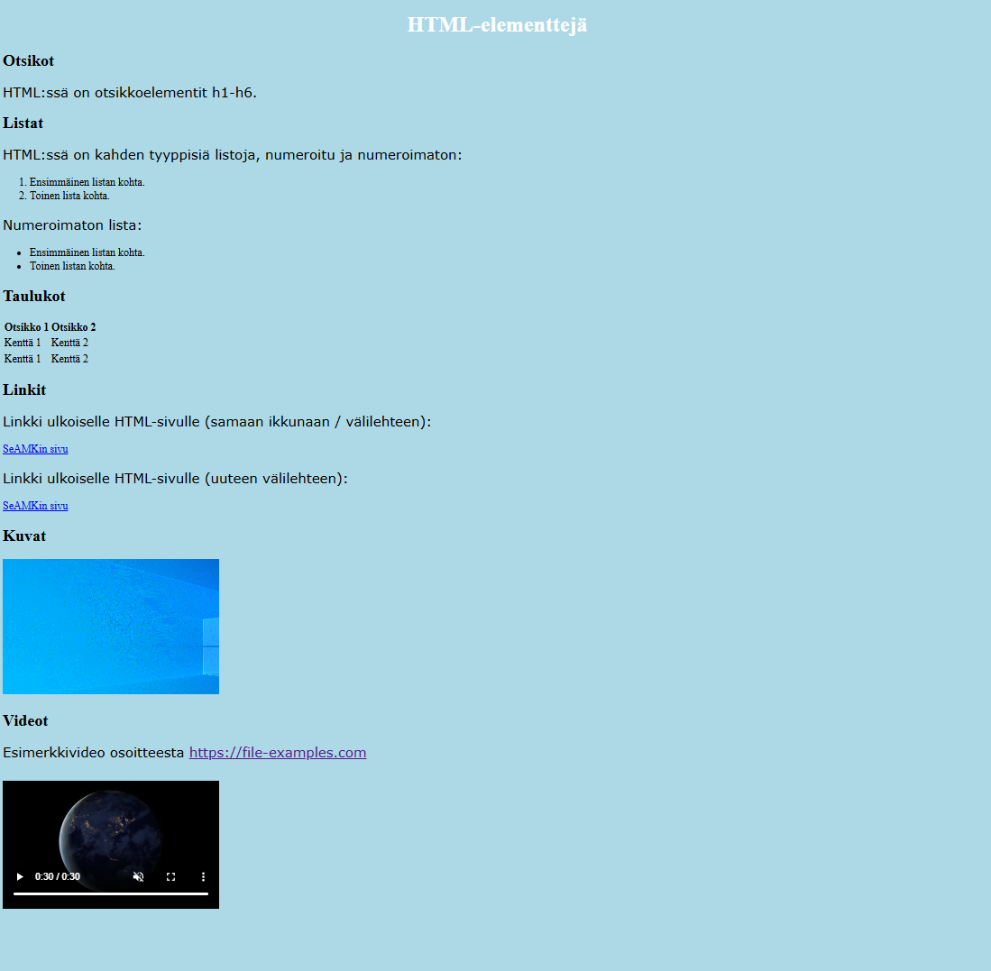 Esimerkki sivun elementteja.html sisällöstä CSS:n kanssa.