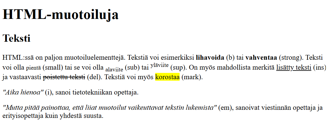 Esimerkki sivun muotoiluja.html sisällöstä, kun kohta a) on tehty.