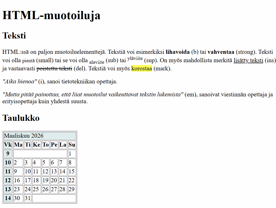 Esimerkki sivun muotoiluja.html sisällöstä, kun kohta a) on tehty.
